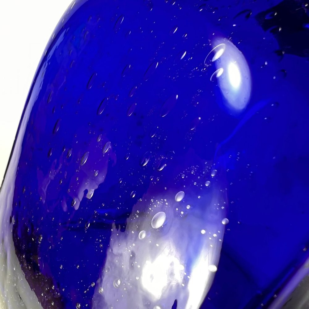 Cobalt Blue Vase Clear Cased Art Glass Hand Blown Bubbles Pattern - Picture 11 of 16